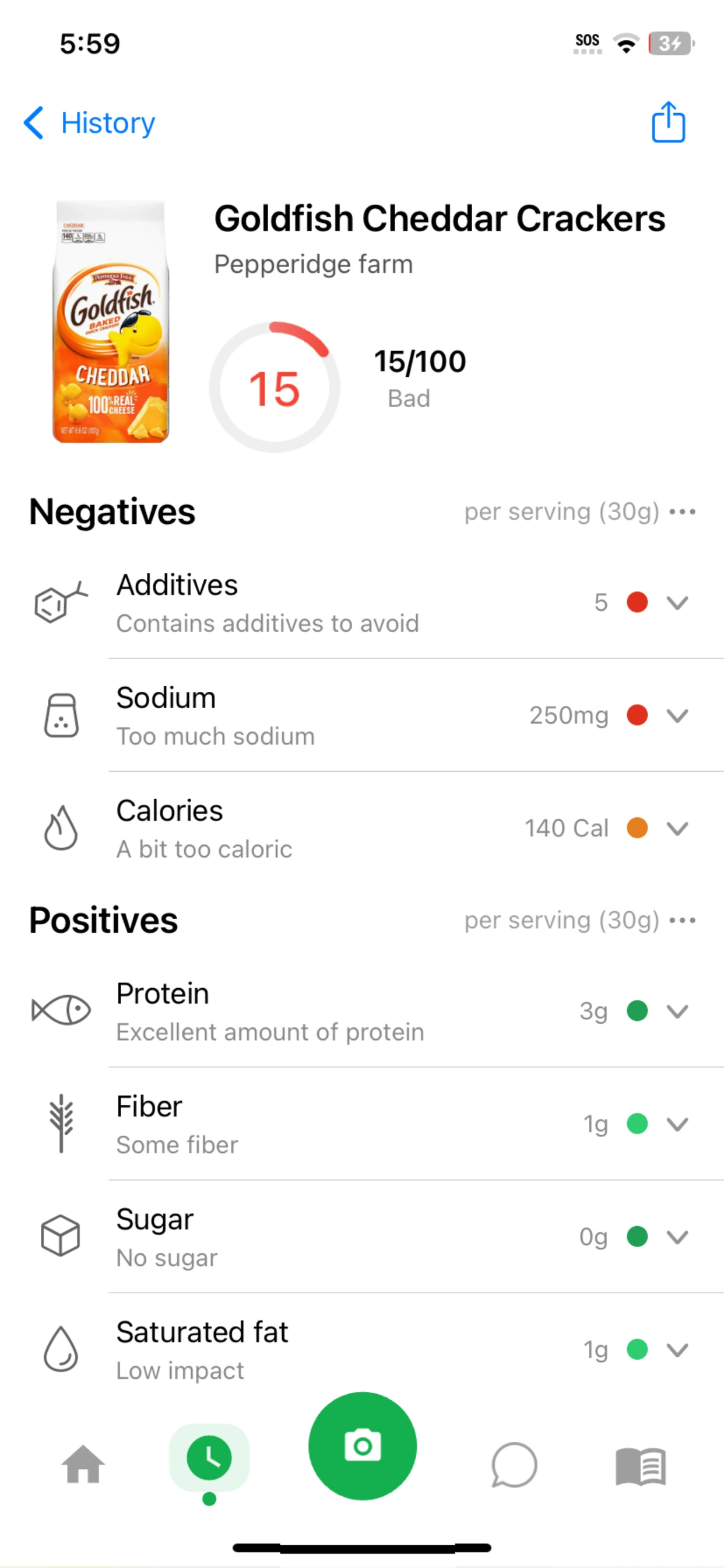 LabelWise scan result for Goldfish Cheddar Crackers