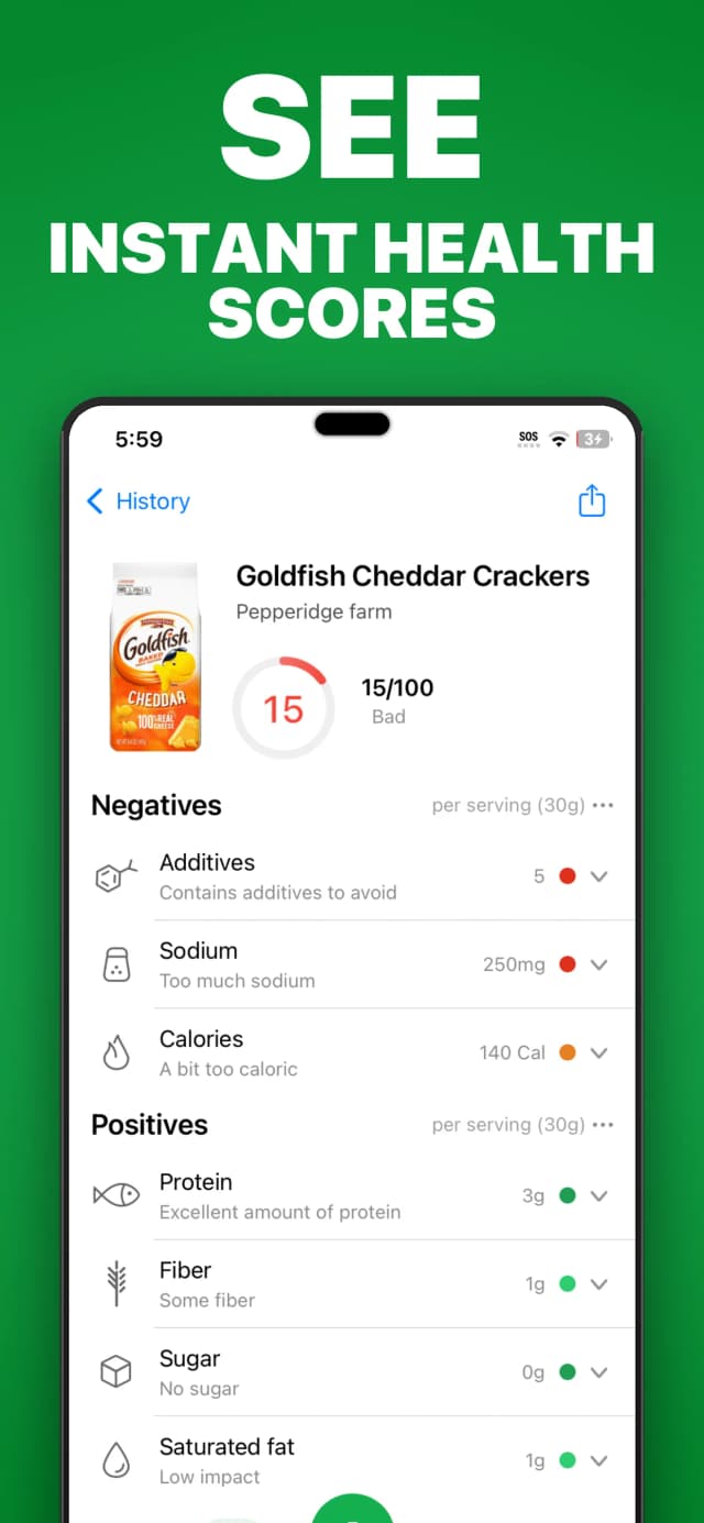SafeChoice scan result for Goldfish Cheddar Crackers