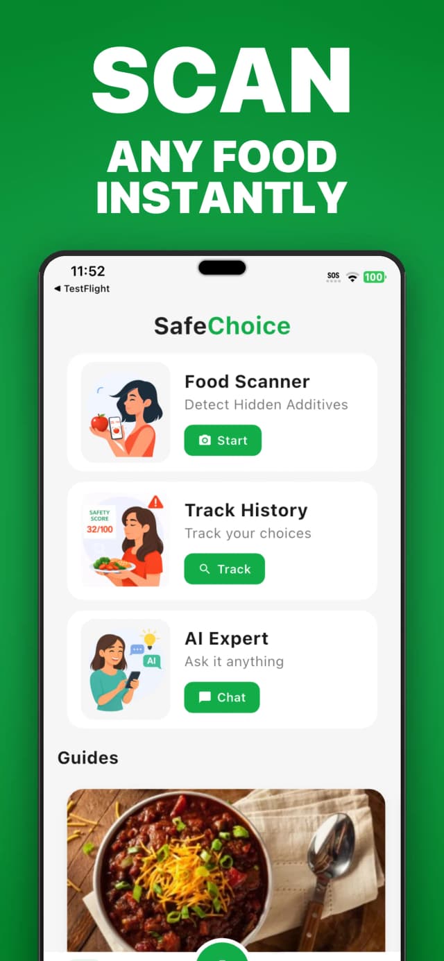 SafeChoice home screen with Food Scanner, Track History, AI Expert, and Guides